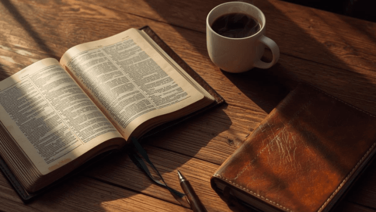 Open Bible with coffee and journal on wooden table symbolizing keeping God present all day.