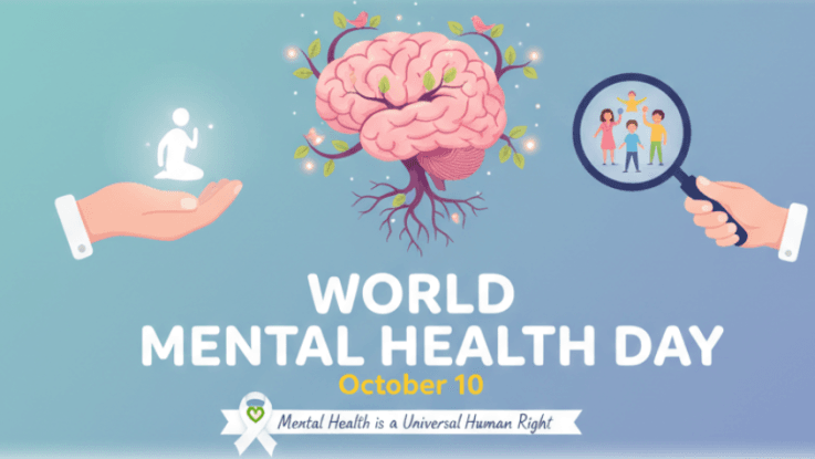 World Mental Health Day illustration with a brain, magnifying glass, and supportive hands
