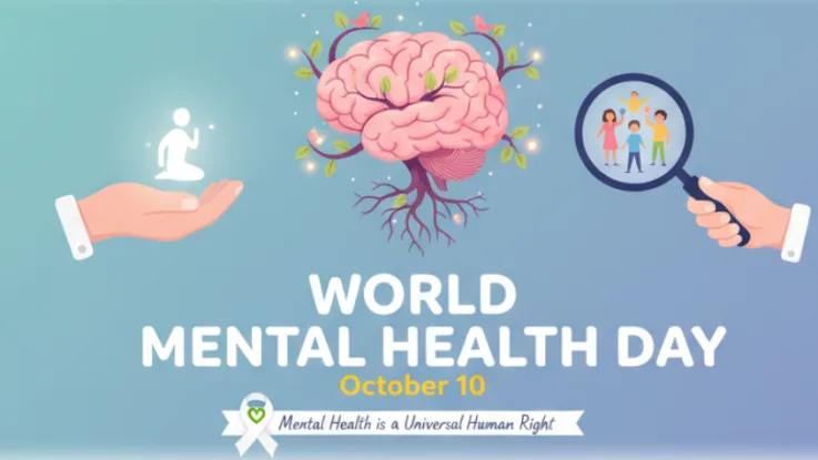 World Mental Health Day illustration with a brain, magnifying glass, and supportive hands