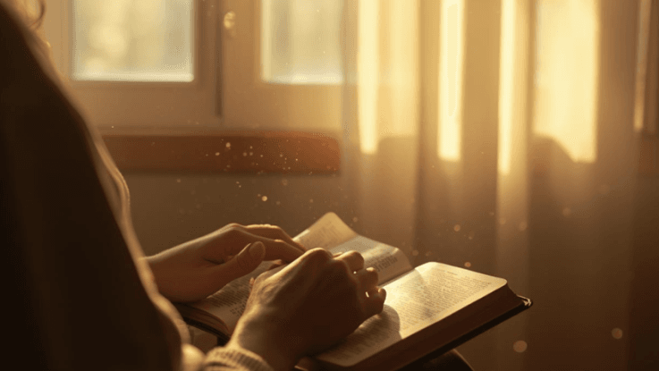 A person sitting by a window in soft morning light with an open Bible, reflecting in peaceful quiet.