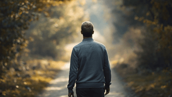 A person walking forward on a quiet path in soft morning light, symbolizing strength and perseverance through prayer.