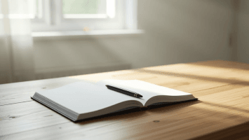 A quiet desk with a notebook and pen near a window in soft morning light, symbolizing focus and daily guidance.