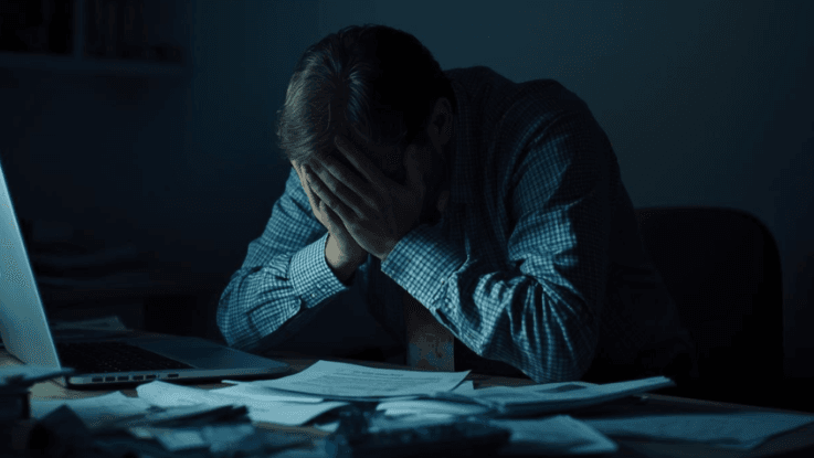 An exhausted person sitting at a cluttered desk showing mental and emotional strain.