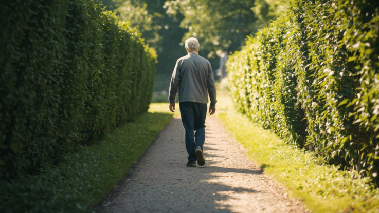 A person walking confidently along a garden path, symbolizing God’s guidance and provision.
