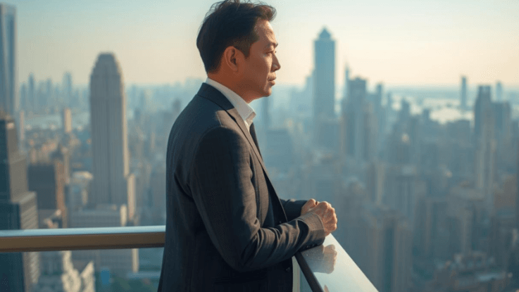A man standing calmly on a high-rise balcony looking over a city, representing a steady Kingdom perspective in a busy culture.