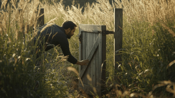 A person pushing forward through an open gate in soft daylight, symbolizing continued spiritual growth and forward momentum.