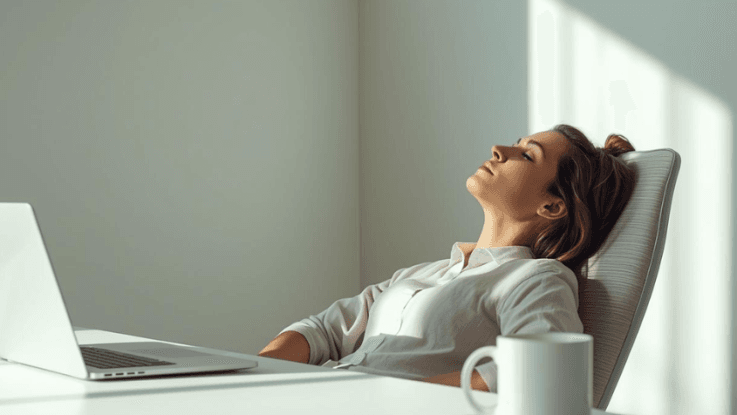 A person sitting at an office desk on Monday morning, appearing peaceful and centered during a quiet moment of prayer.