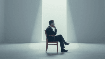 A person sitting thoughtfully in a minimalist room, representing patience and hope while healing broken relationships.