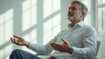 A man sitting in a bright room with open hands in a posture of prayer and surrender for the week ahead.