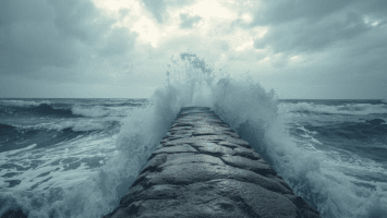 Waves crashing against a solid shoreline structure under a cloudy sky, symbolizing stability and trust during difficult seasons.